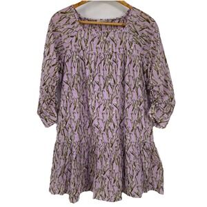 Happy X Nature Womens Tiered Mini Dress Large Lavender Iris Floral‎ Print Boho